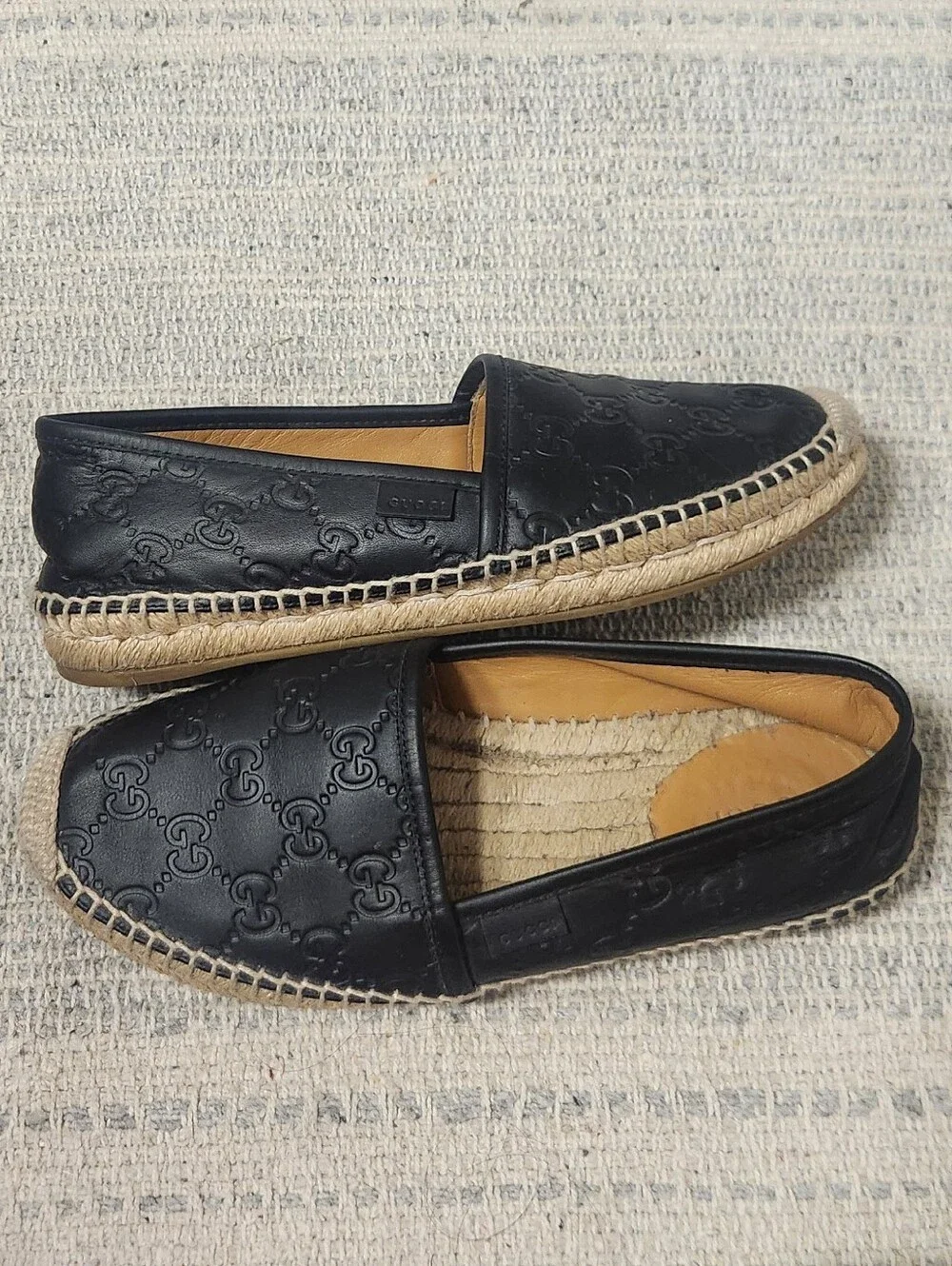 Gucci Black Monogram Embossed Leather Espadrille Flats